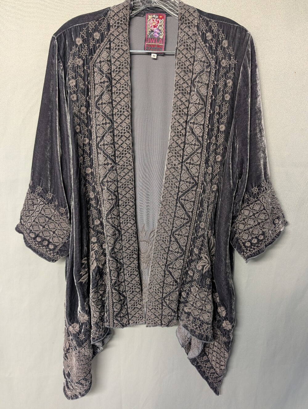 Johnny Was Silk Charcoal Gray Floral Embroidered Velvet Kimono Cardigan Size Med